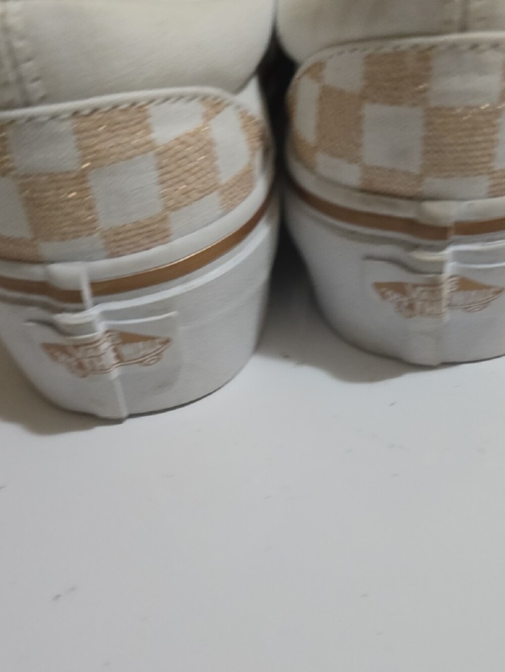 Woman Vans Slip-On Checkerboard Sneakers in Beige and White - Picture 6 of 7